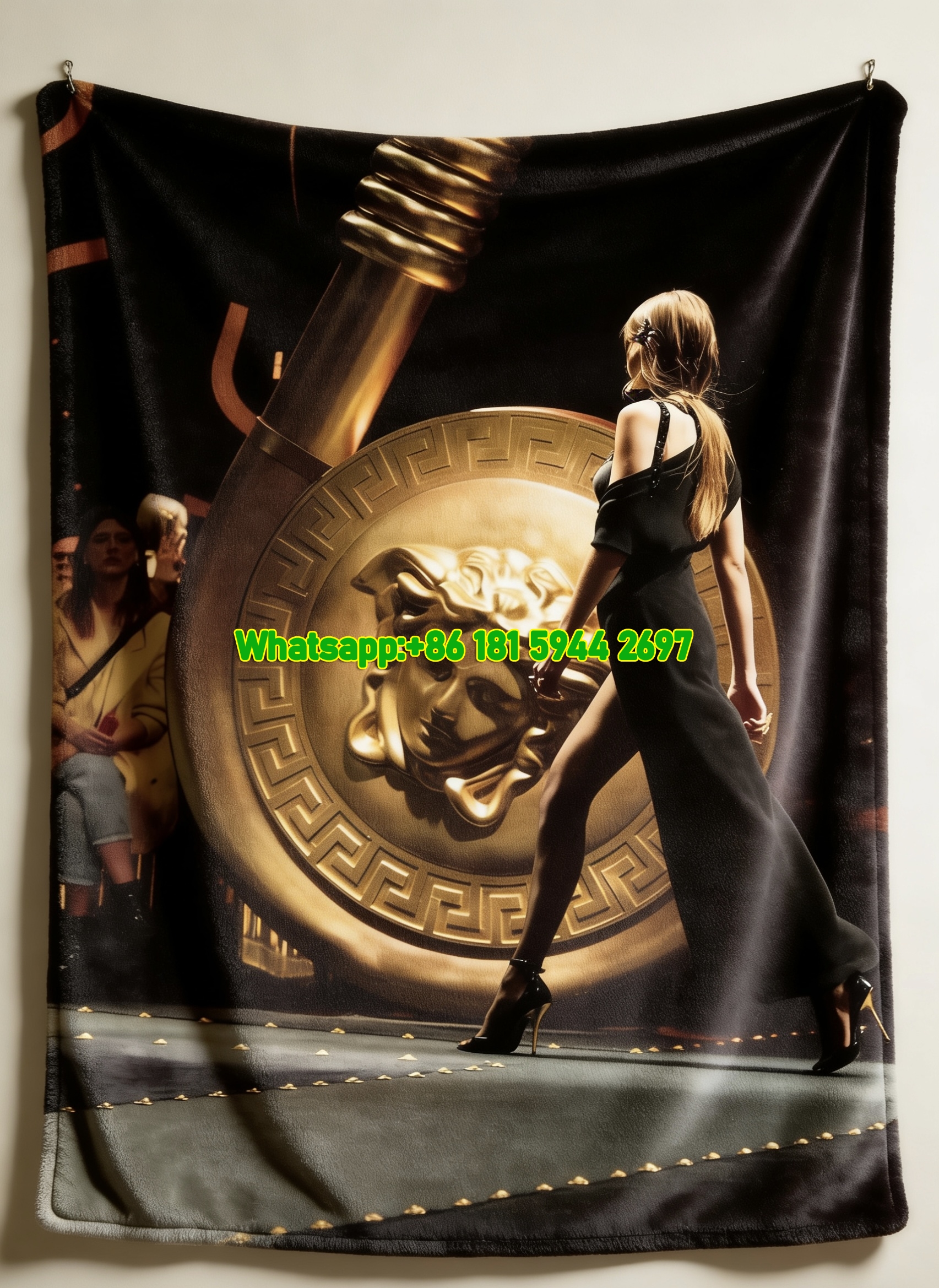 Versace Black and Gold Medusa Print Flannel Sofa Throw Blanket IMG_1767